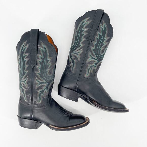 Lucchese Women’s 6 Black Leather Turquoise Stitching Square Toe Western Boots - Picture 3 of 11